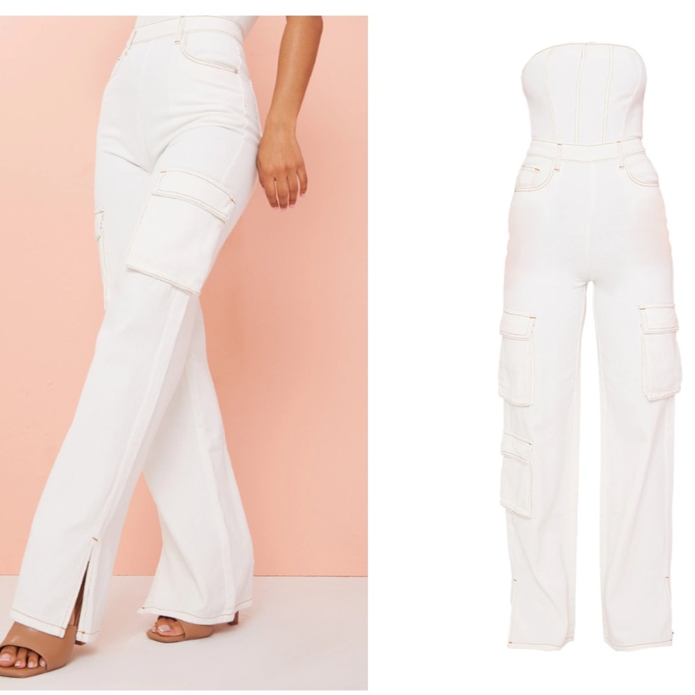 Ecru Contrast Stitch Cargo Pocket Bandeau Denim Jumpsuit